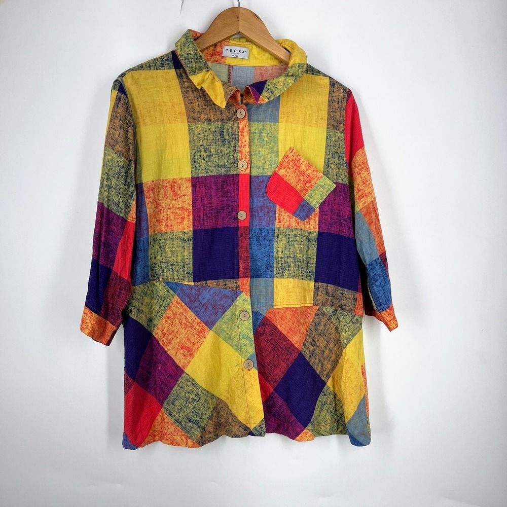 Terra Apparel‎ Womens Multicolor Plaid Button Up Tunic Shirt 3/4 Sleeve Large